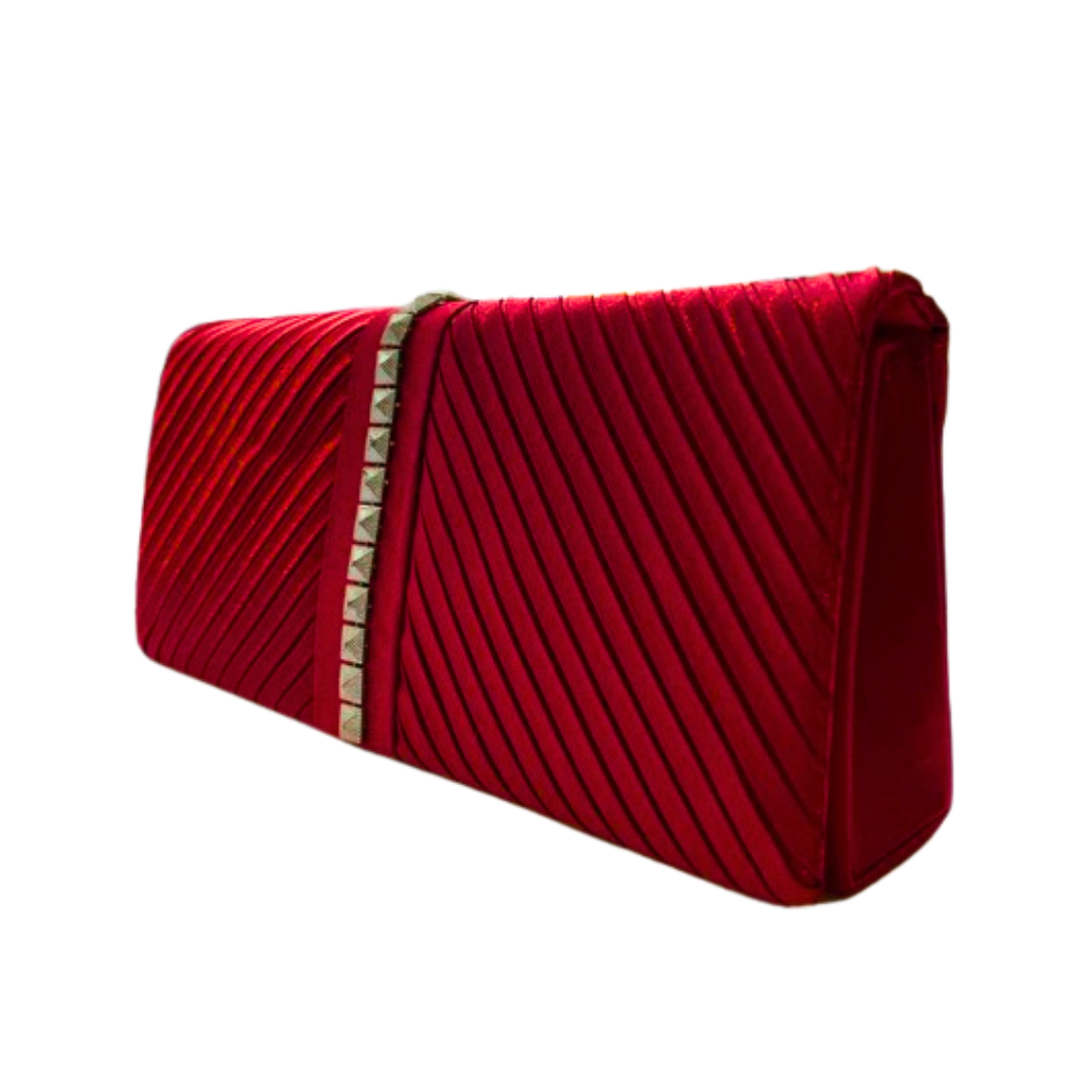 Elegant satin evening clutch featuring pleated design and sparkling rhinestone detail