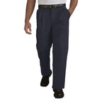 Men’s navy slack pants featuring a flat front design with a tailored, professional fit