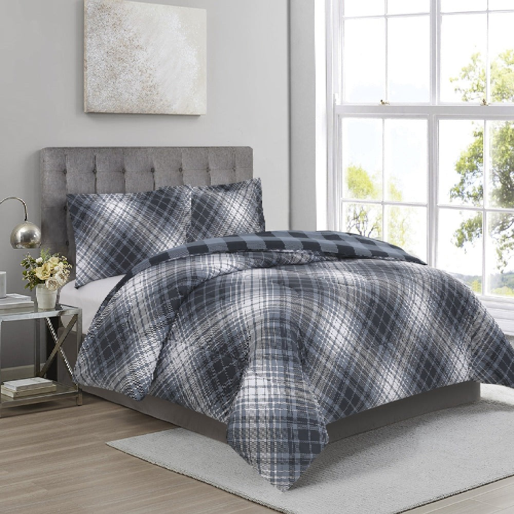 plaid blue microfiber comforter set with matching pillow shams