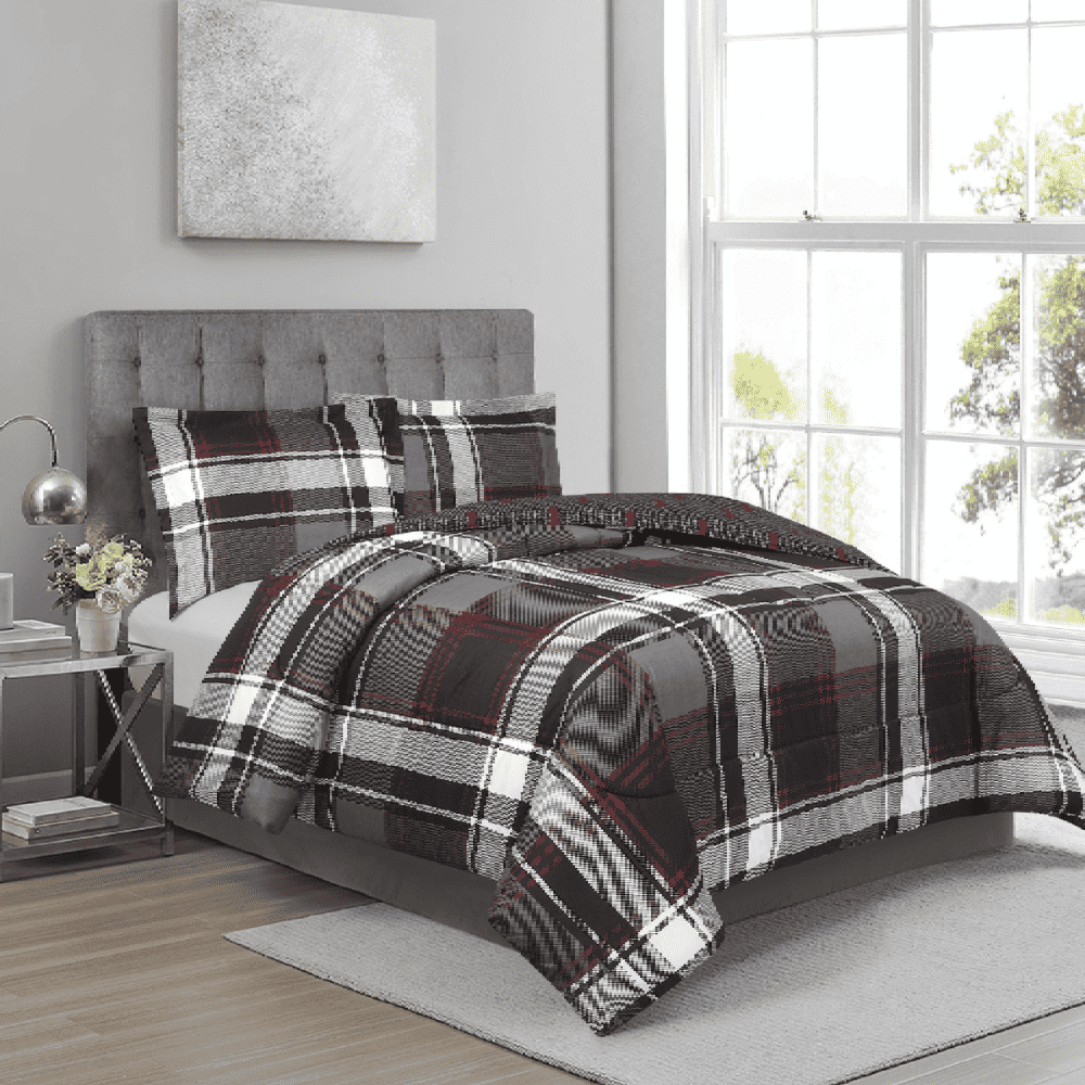 Plaid microfiber comforter set with lightweight breathable fabric