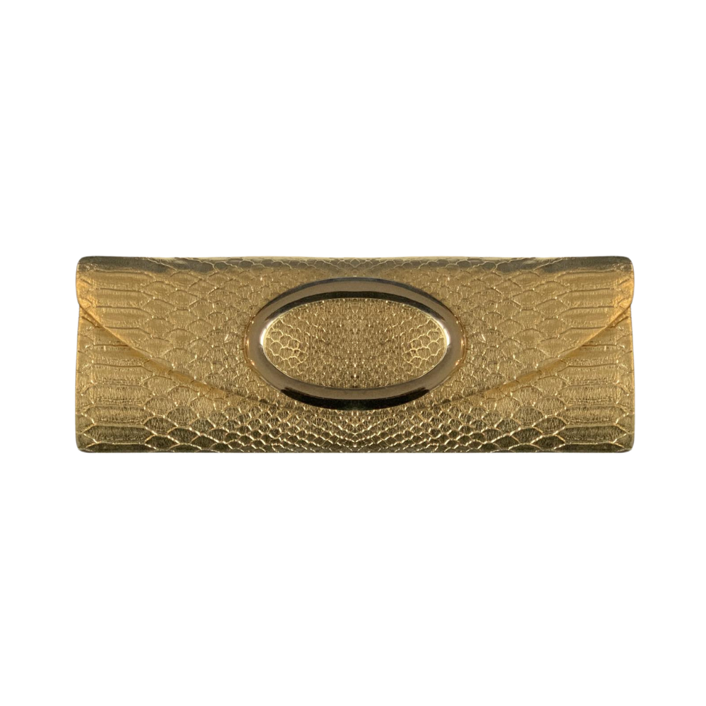 Glamorous gold clutch with oval detailing for weddings and parties