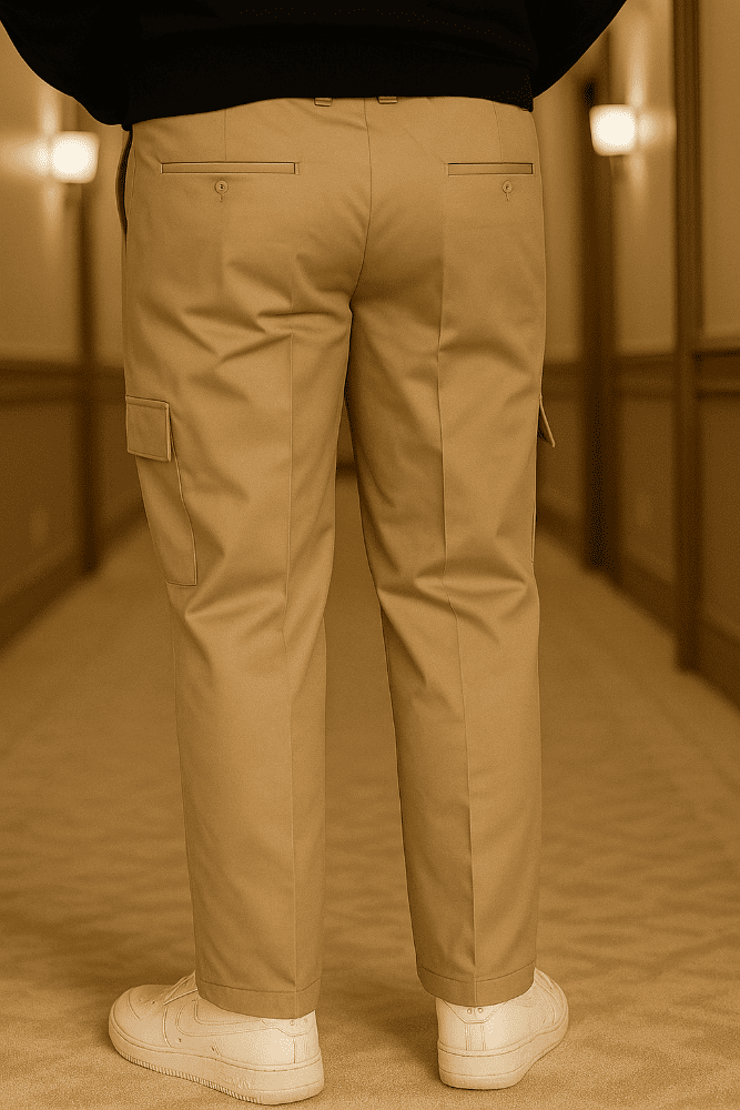 Cotton-spandex cargo pants featuring a permanent crease and utility pockets 