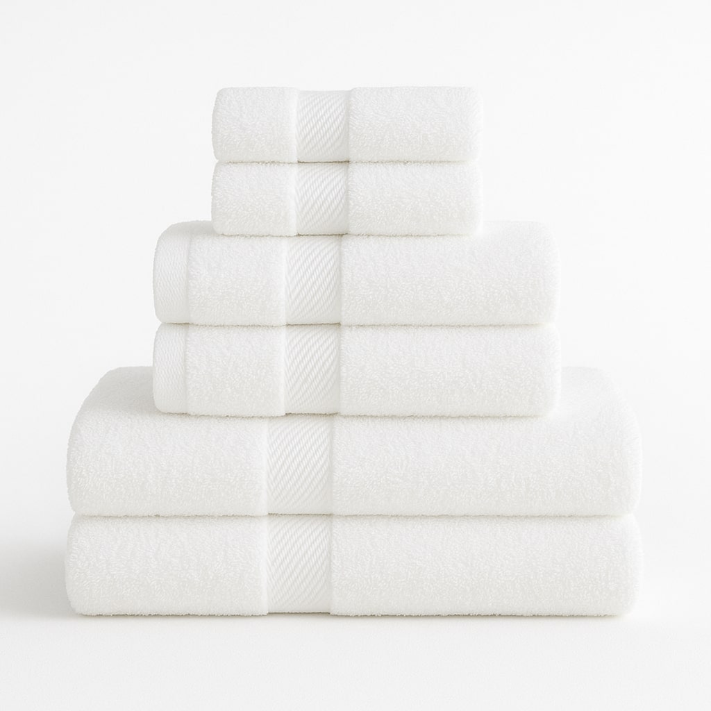 100% Turkish cotton bath towels, hand towels, and washcloths with dobby border designs