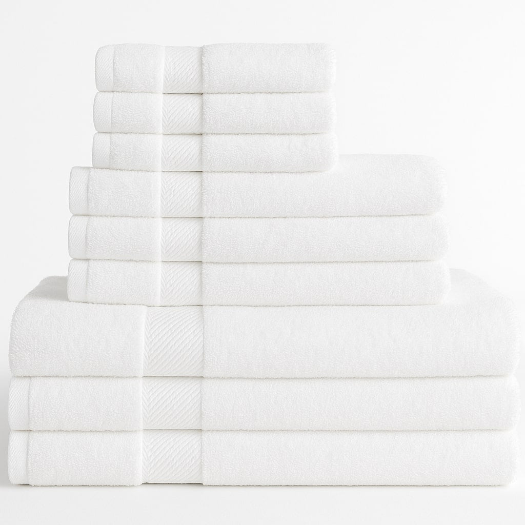 Folded white Turkish cotton bath towels, hand towels, and washcloths with dobby border designs