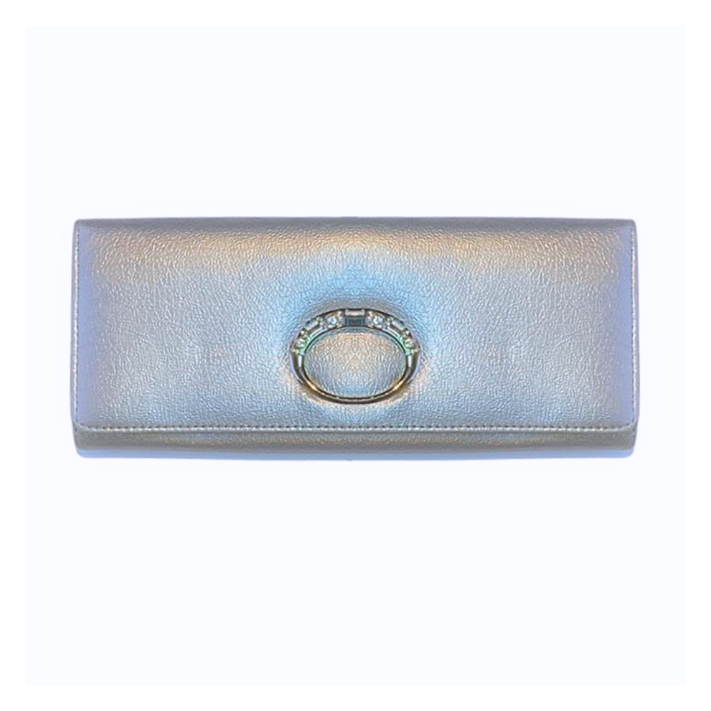 Women’s silver evening clutch featuring a timeless oval textured design