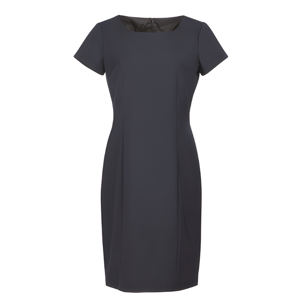 Short sleeve navy professional dress made from stretch wool blend fabric for corporate and hospitality wear