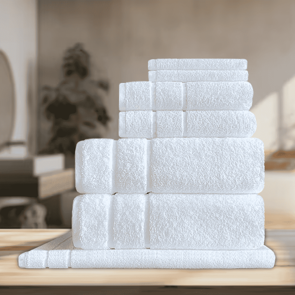 Luxury cotton towel set styled in a modern bathroom for a spa-like home experience