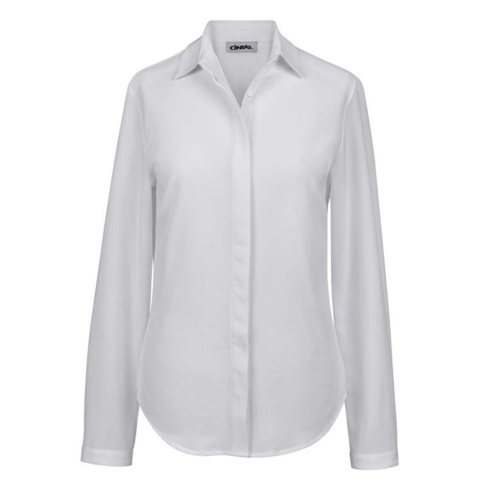 White tailored blouse with adjustable cuffs and stretch cotton blend fabric for professional wear