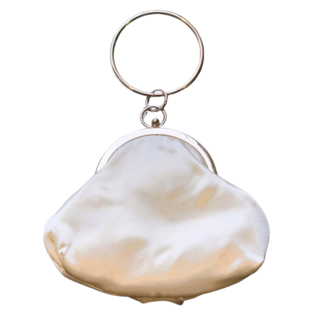 Elegant white floral purse featuring rose details and hands-free wrist ring design