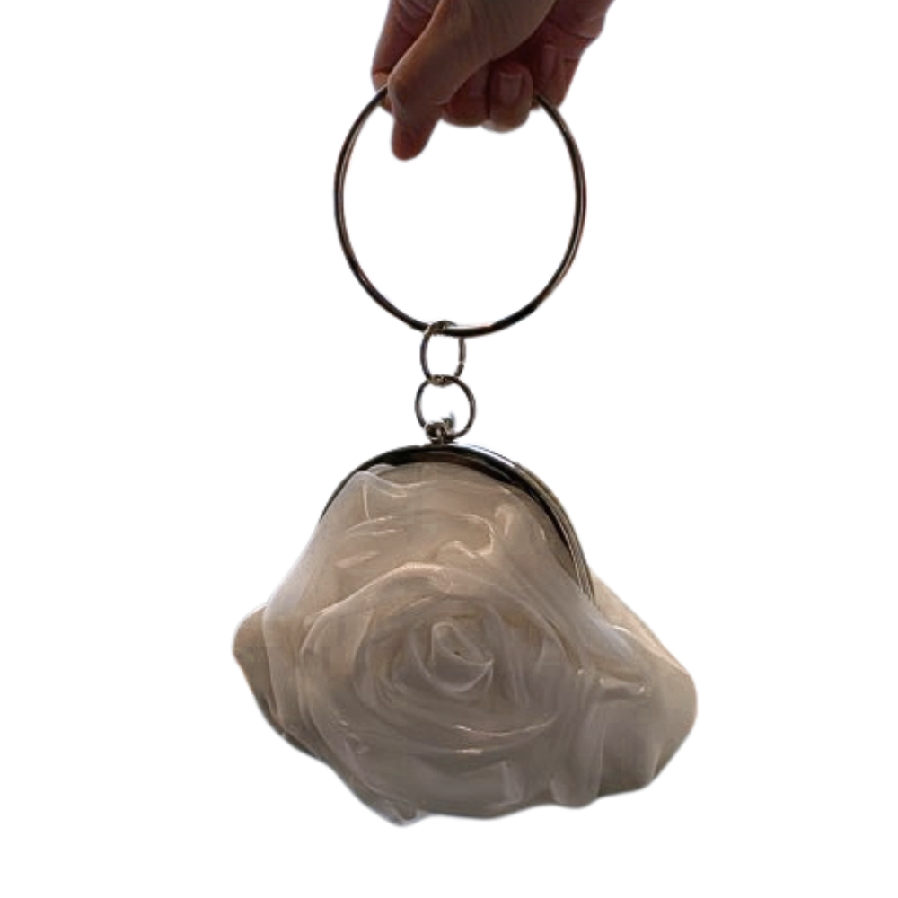 Women’s white rose flower handbag with wrist strap for weddings and special events