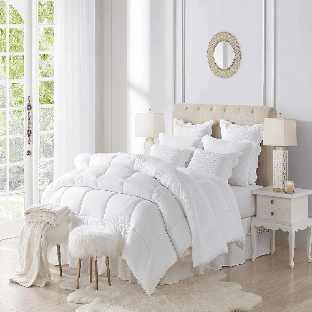 All-season down alternative comforter styled on a modern bedroom bed