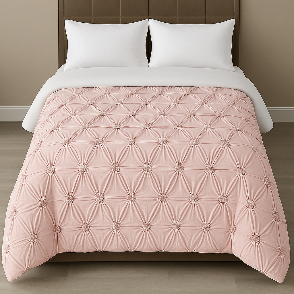Three-piece floral ruched duvet cover set displayed on a neatly made bed
