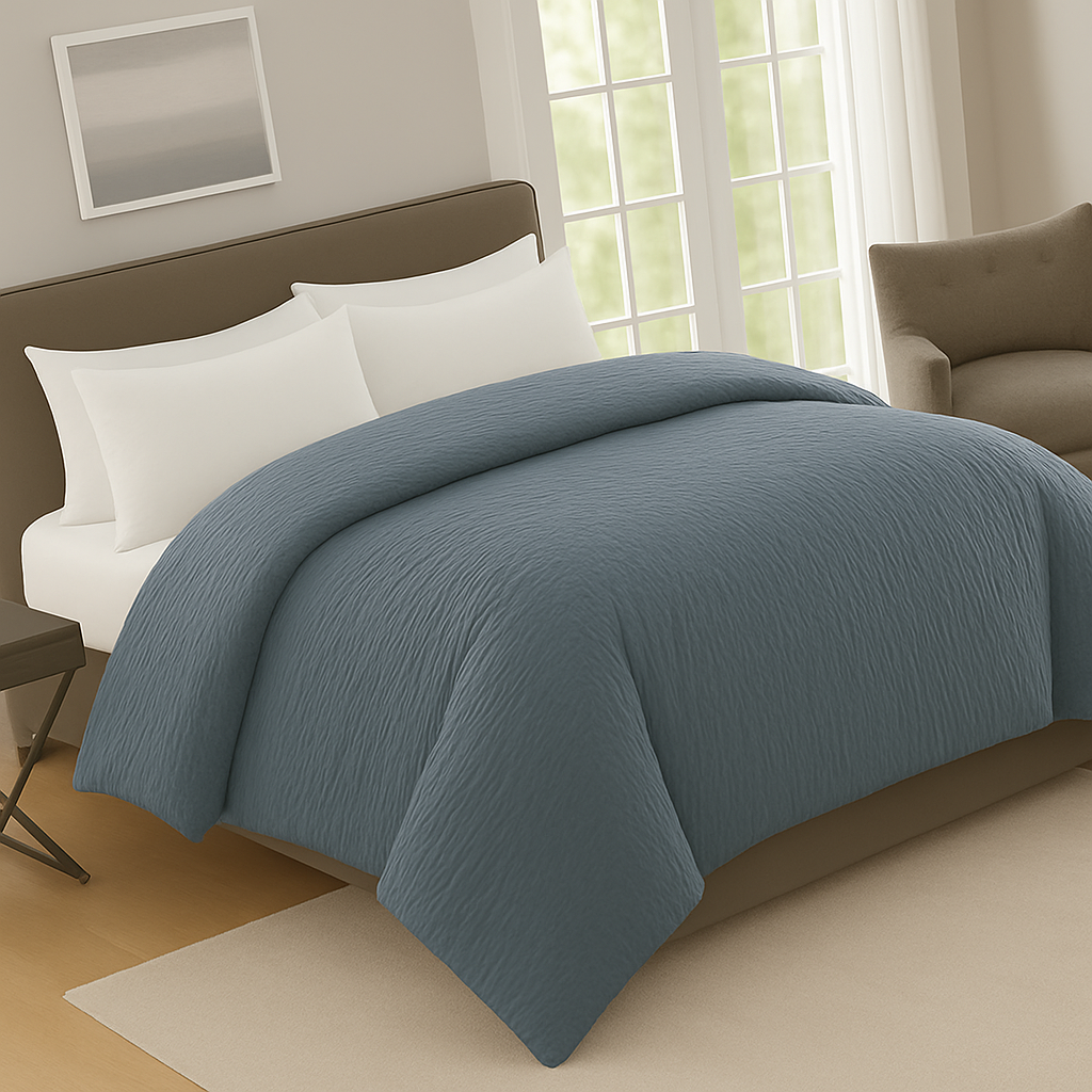 Cozy bedroom styled with a crinkle prewashed duvet cover set for a relaxed feel blue