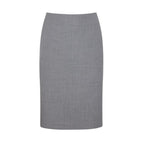 Charcoal grey pleated skirt with knee-length design, tailored fit, and concealed side zipper