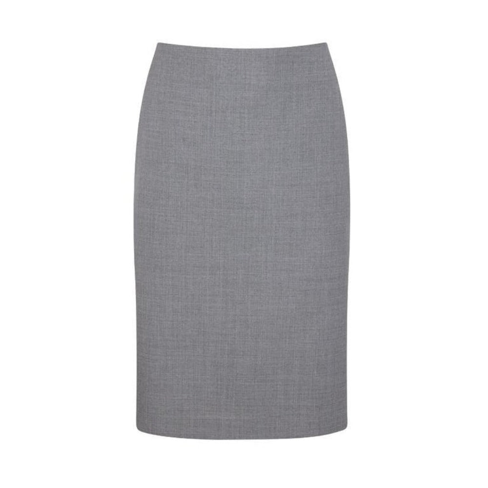 Charcoal grey pleated skirt with knee-length design, tailored fit, and concealed side zipper