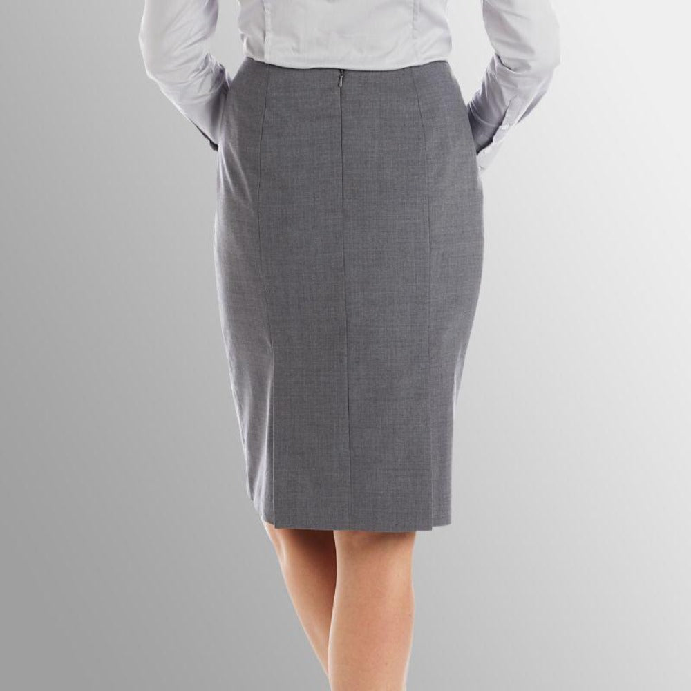 Professional charcoal grey pleated skirt designed for hospitality and business wear