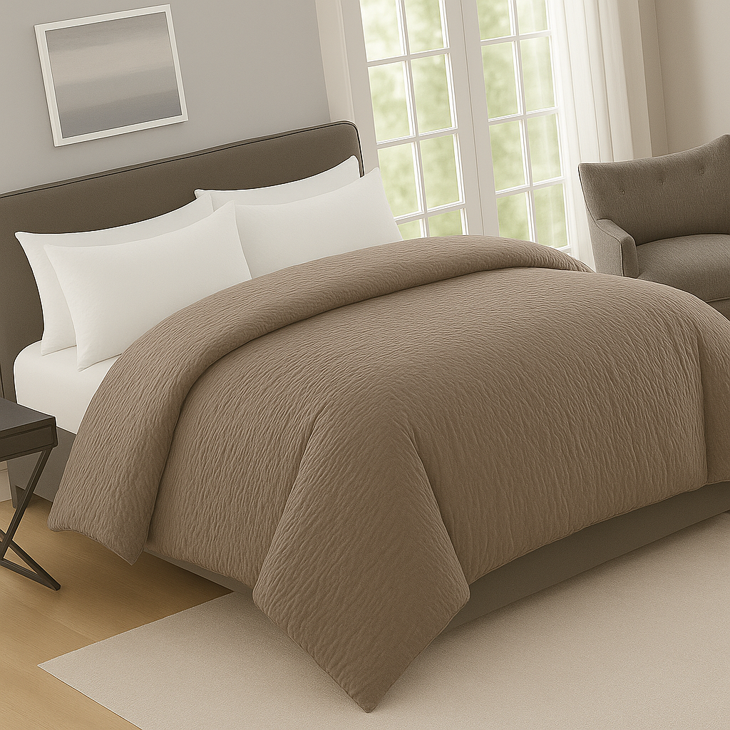 Textured crinkle duvet cover set adding a casual and lived-in look to bedroom decor Beige