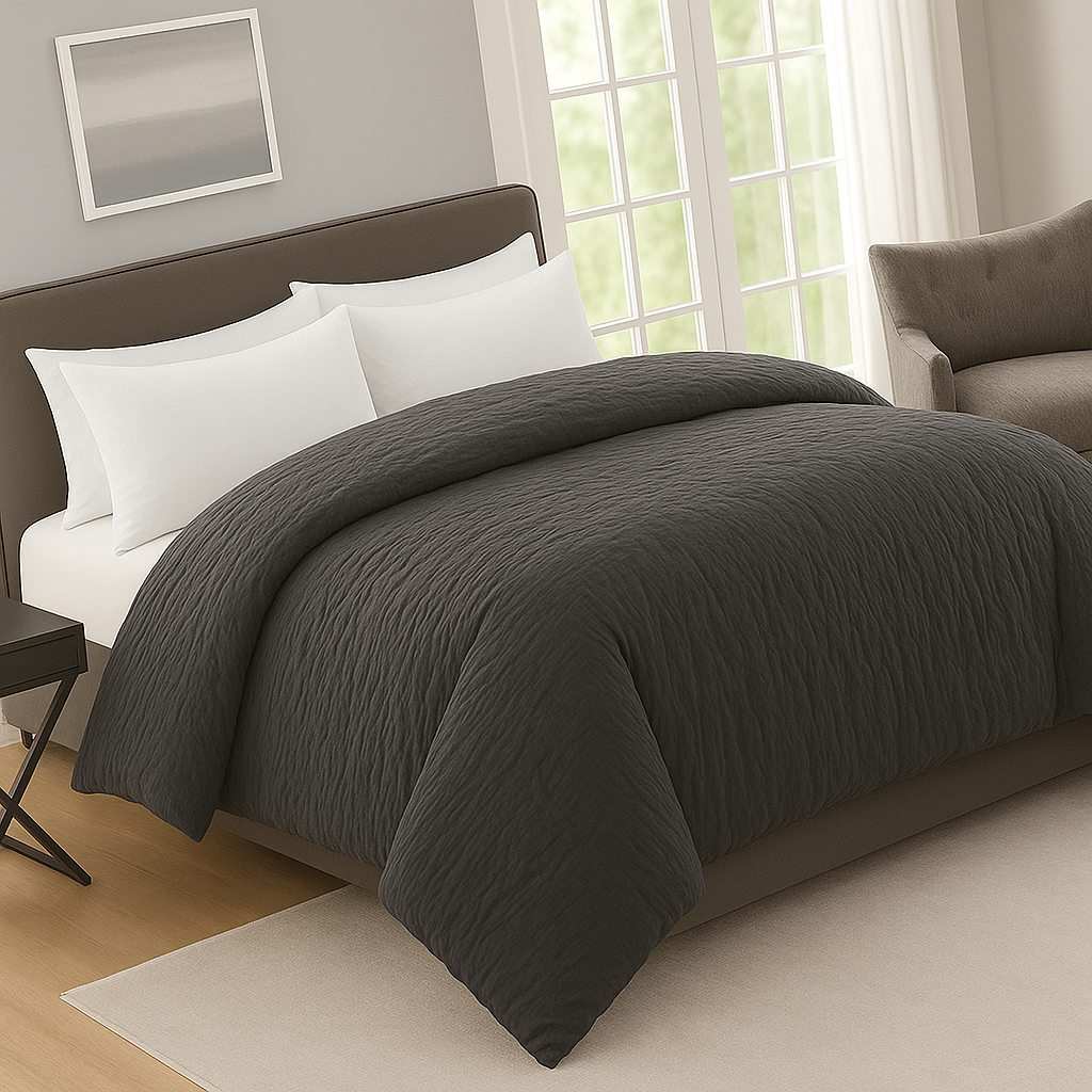 Easy-care crinkle prewashed duvet cover set arranged on a neatly made bed black