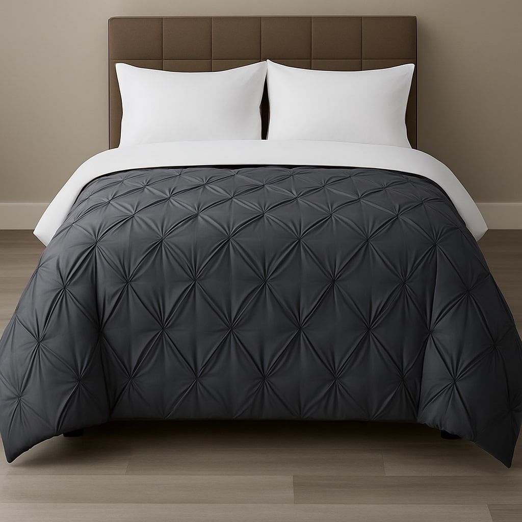 Pintuck textured duvet cover set styled on a bed for an elegant bedroom look