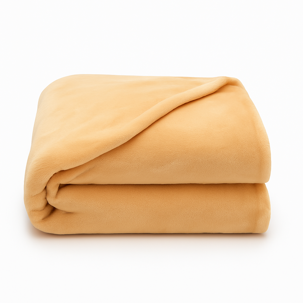 Folded velour fleece blanket in champagne color, ultra-soft, fire-resistant, and hypoallergenic.
