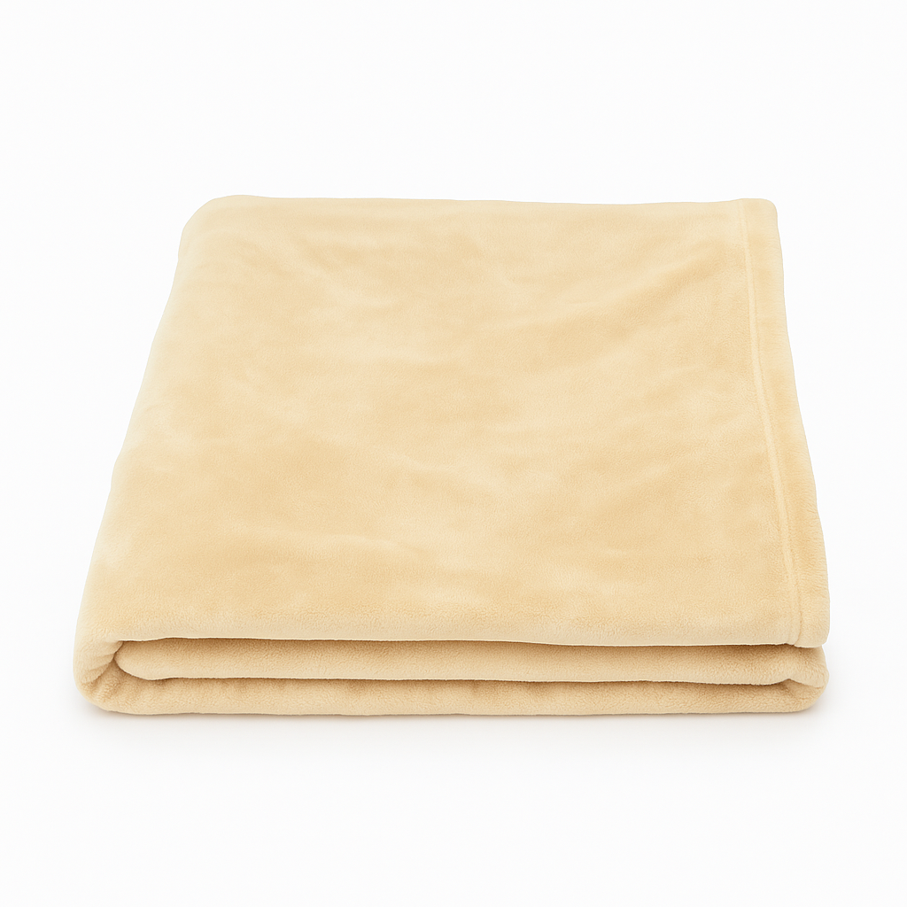 Folded velour fleece blanket in ivory color, ultra-soft, fire-resistant, and hypoallergenic.
