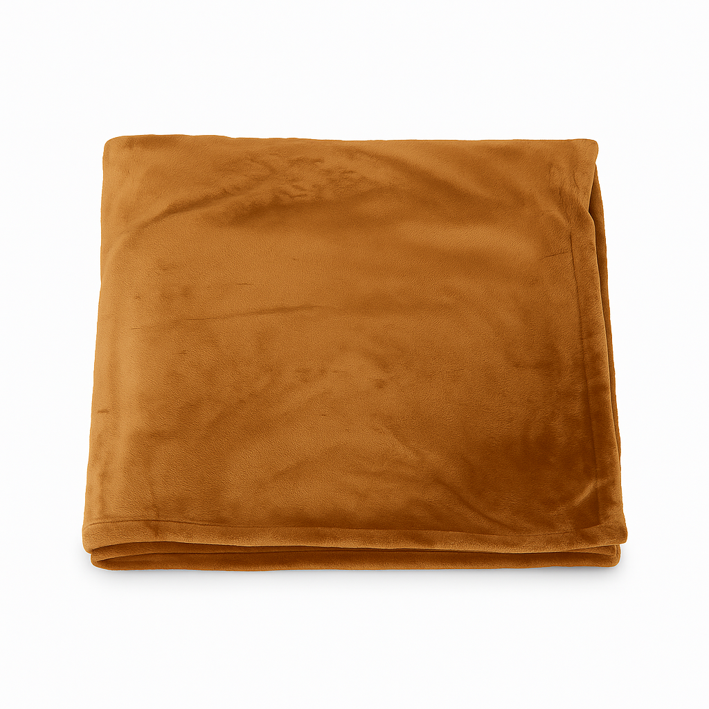 Folded velour fleece blanket in sand color, ultra-soft, fire-resistant, and hypoallergenic.