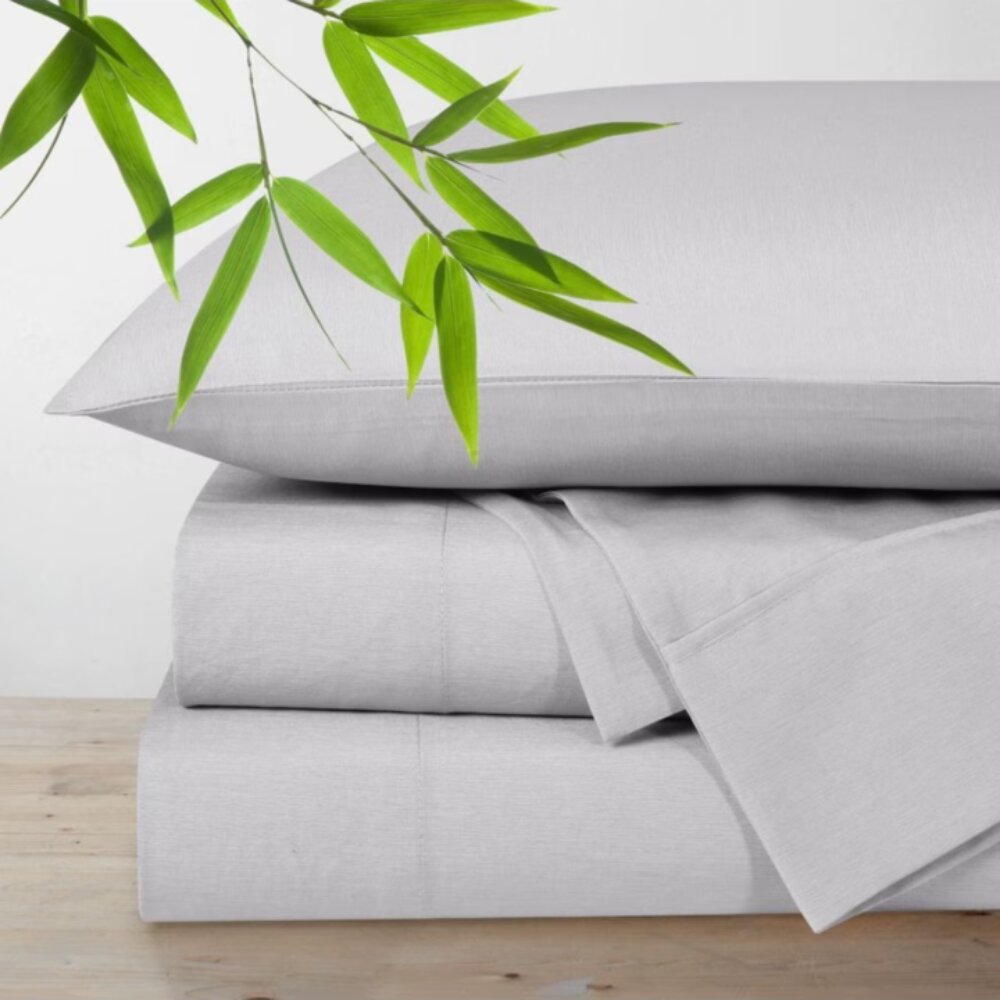 Lightweight bamboo blend sheet set creating a fresh and comfortable bedroom atmosphere Light grey