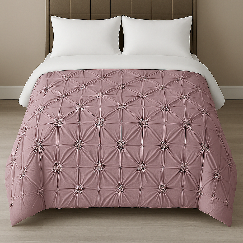 Classic floral ruched duvet cover set adding texture and charm to bedroom decor Pink