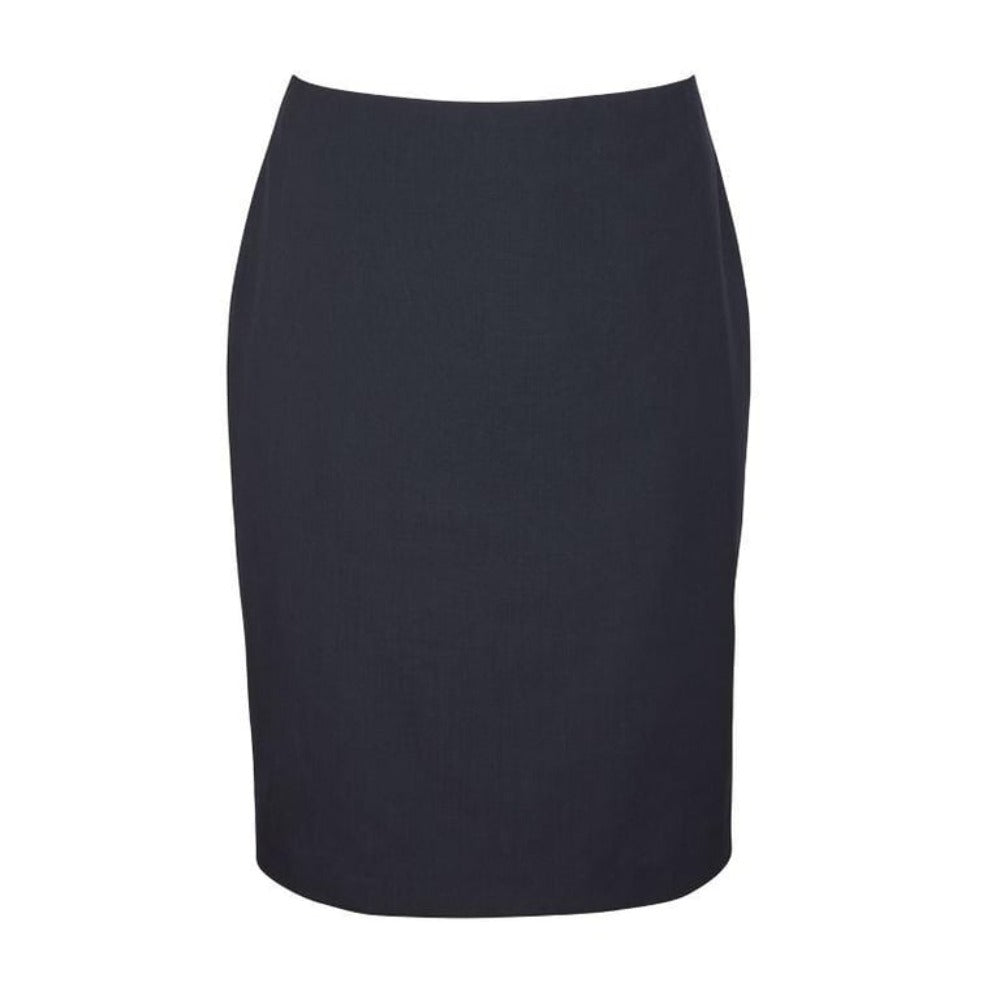 Navy women’s skirt with kick pleats, knee-length design, and tailored professional fit