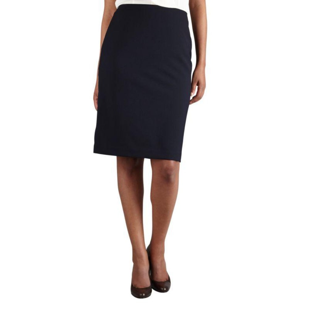 Knee-length navy women’s skirt with stylized waistband and ease-of-movement pleats