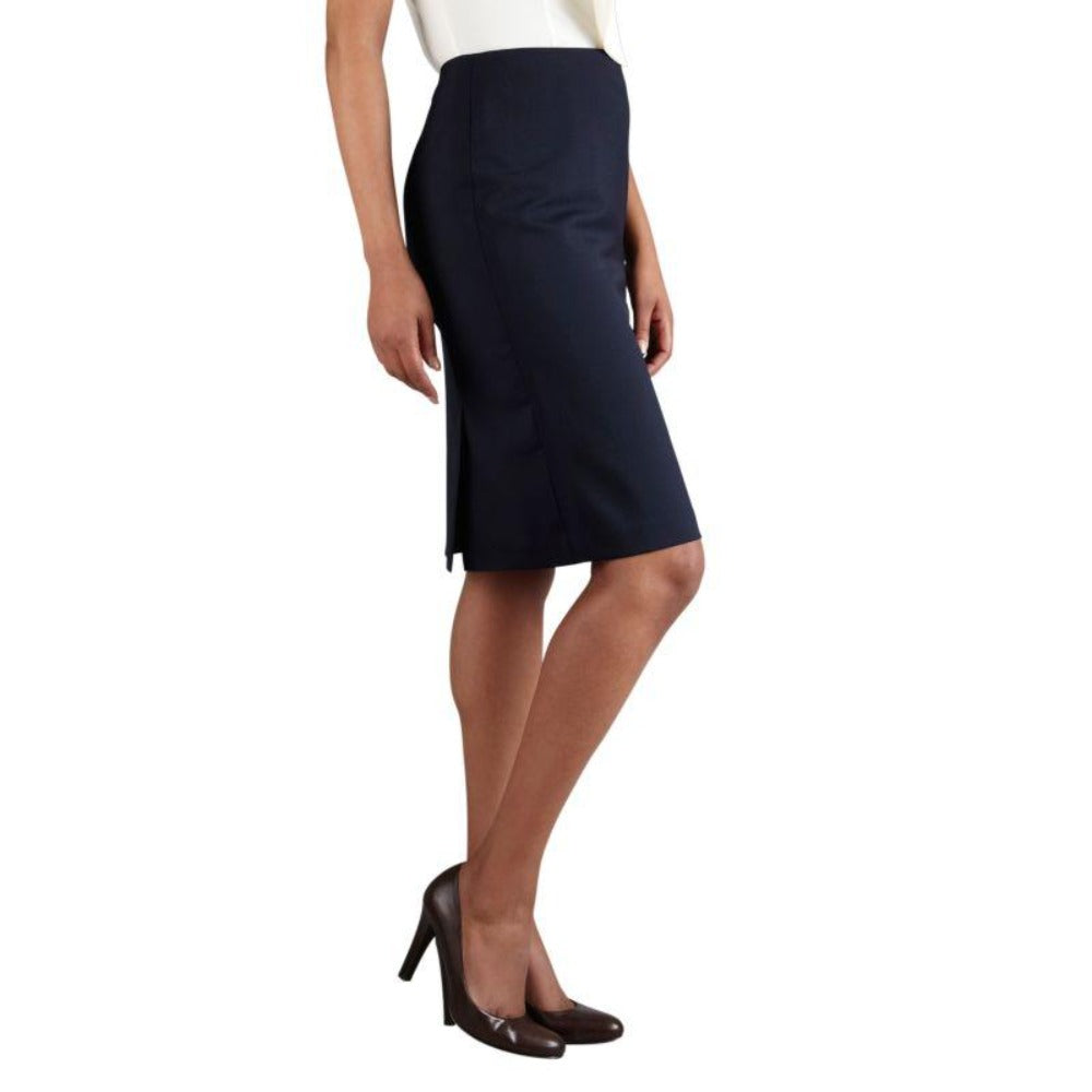 Women’s navy uniform skirt featuring back kick pleats and concealed side zipper