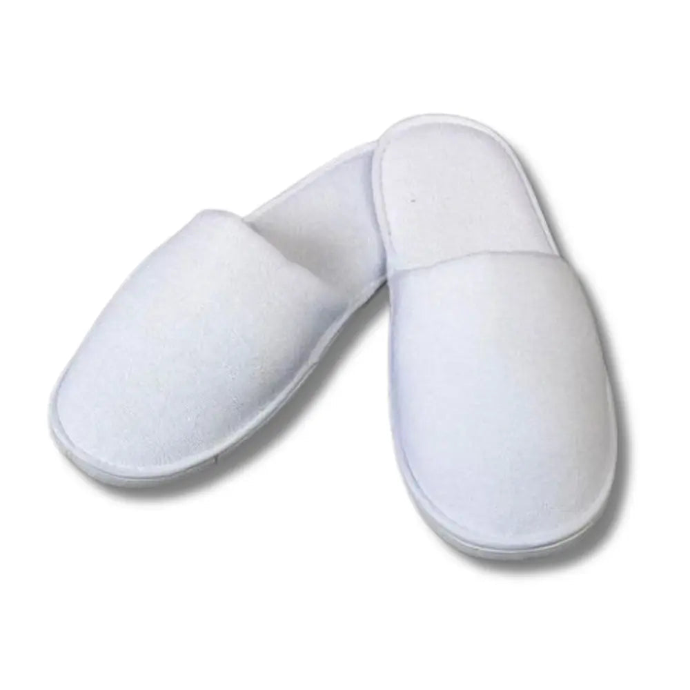 Plush white slippers with open toe and closed toe styles